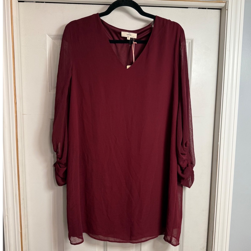 Entro Burgundy V-Neck Long Sleeve Chiffon Shift Dress D12733 Womens Small